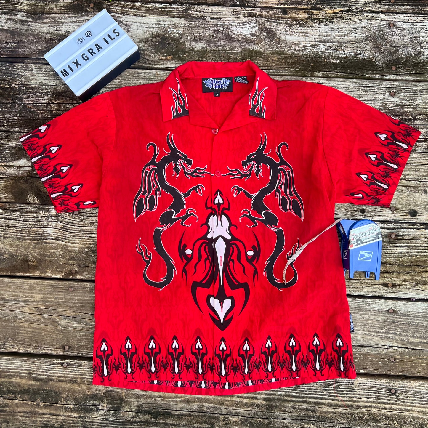 VTG Dragon Button down 90s Mens Unisex Red Black Tropical Y2K Size medium