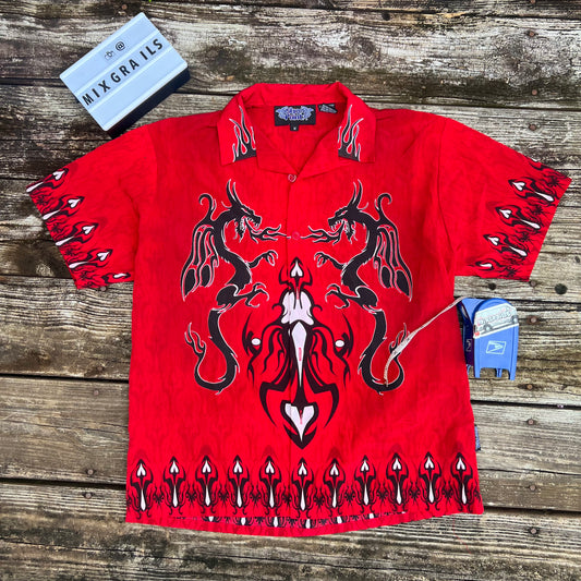 VTG Dragon Button down 90s Mens Unisex Red Black Tropical Y2K Size medium