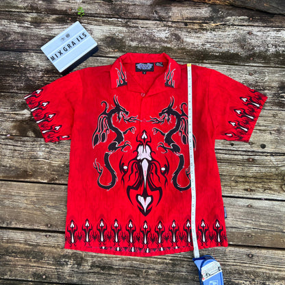 VTG Dragon Button down 90s Mens Unisex Red Black Tropical Y2K Size medium